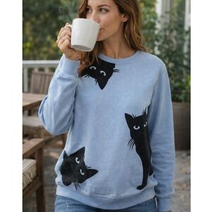 Catalog Favorites Women's Blue Sweatshirt with Black Cat Print Size Large